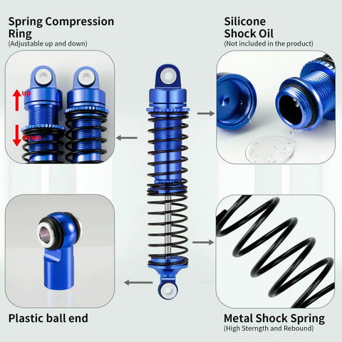 4 Piece Aluminum RC Shocks Kit For 1 To 18 Traxxas LaTrax Teton Desert Prerunner Front And Rear Oil Filled Big Bore Dampers features