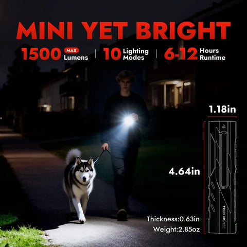 Person walking a dog at night using Rechargeable 1500 Lumen Pocket Flashlight With Magnetic Base And Clip Your Go To EDC Light