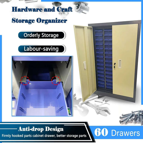 60 Drawer Parts Cabinet Nut And Bolt Organizer Lockable Metal Bin Cabinet With Partitions Labels And Doors for hardware storage