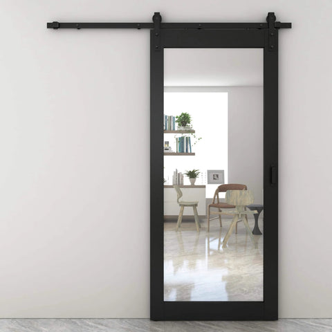 Dope Mirrored Glass Sliding Barn Door In Black MDF With Hardware Kit And Door Handle Ready To Hang Pre Finished 36 In By 84 In Interior Door With Full Size Mirror Panel For Closets Bathrooms Pantries Laundry Rooms And Bedrooms