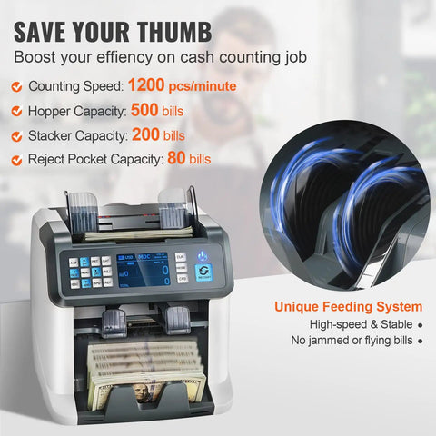 Multi Currency Money Counter With Counterfeit Detection And Sorter, Printer Enabled, display showing 1200 pcs/min speed