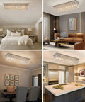 Rectangular Chandelier For Modern Dining Room And Kitchen Island, 6 Light Flush Mount With Luxury K9 Crystal Raindrop Crystals shown in living spaces