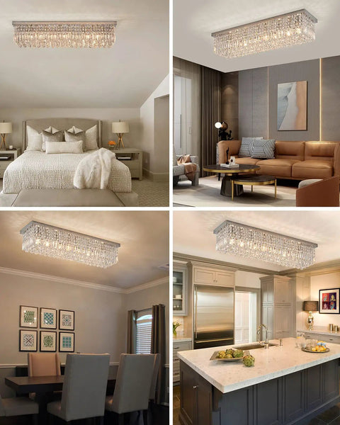 Rectangular Chandelier For Modern Dining Room And Kitchen Island, 6 Light Flush Mount With Luxury K9 Crystal Raindrop Crystals shown in living spaces
