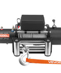 12,000 Pound Electric Winch For Trucks And Off Road Rigs With 0.36 Inch By 80 Foot Steel Rope, Wireless And Wired Remote Control, IP55 Waterproof, Ideal For SUV Jeep Trailer Boat Recovery, front view with hook