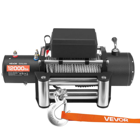 12,000 Pound Electric Winch For Trucks And Off Road Rigs With 0.36 Inch By 80 Foot Steel Rope, Wireless And Wired Remote Control, IP55 Waterproof, Ideal For SUV Jeep Trailer Boat Recovery, front view with hook