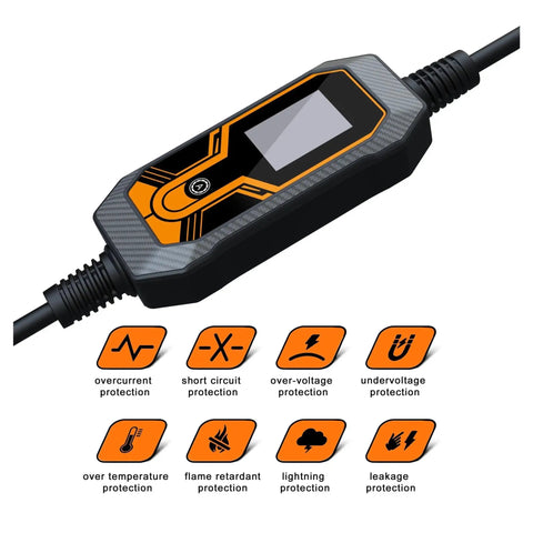 Rock Solid Heavy Duty Portable Type 1 J1772 EV Charger With Five Meter Cord 7 Kilowatt 32 Amp Level 2 EVSE showing control module with safety features.
