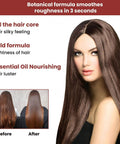 Hair care product showcasing smooth, shiny hair with botanical formula benefits and before-and-after comparison