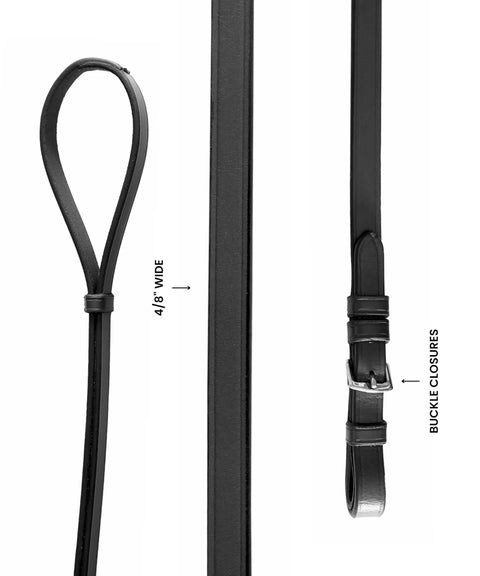 Premium English Dressage Double Bridle Curb Reins for Horses, 13 mm wide leather with stainless steel buckles, black color.
