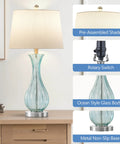 Coastal Glass Table Lamps Set Of 2 For Living Room And Bedroom 25.5 Inch Blue Glass Lamps With White Fabric Shades Modern Nightstand Lighting