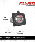 Image of 900CDP Digital Nutating Disc Fuel Transfer Meter with dimensions and Fill-Rite branding.