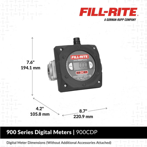 Image of 900CDP Digital Nutating Disc Fuel Transfer Meter with dimensions and Fill-Rite branding.
