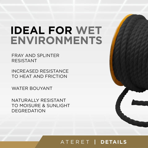 Twisted 3-Strand Black Polypropylene Rope 1 Inch By 100 Feet Heavy Duty Coil for wet environments, anti-fray features.