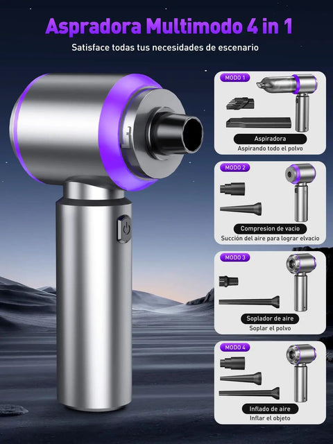 Boss Level 80,000 RPM Vacuum And Air Duster 4 In 1 Handheld Cordless Cleaner modes overview with suction and spray tips