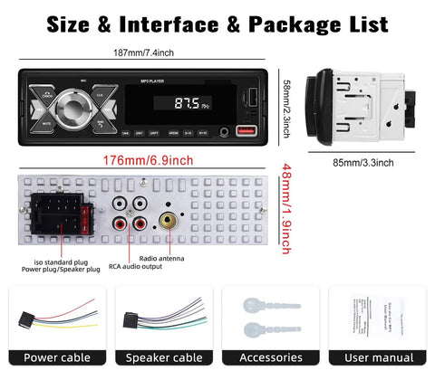 Single Din Car Stereo Bluetooth 5.1 With App Remote Control USB Port FM Radio MP3 Player EQ Multi Color Illumination TF Card Slot AUX Input Digital Media Receiver for Quick Plug And Play Car Audio Upgrade, showing dimensions and packaging contents with cables and user manual.