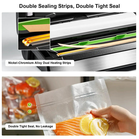 Close-up of double heat seal in use on 95kPa Vacuum Sealer With OneTouch Auto Vac And Seal, sealing bag with salmon and lemon slices.