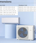 Slick Dual Zone Mini Split Air Conditioner 36000 BTU Wall Mounted Ductless Unit dimensions chart for indoor and outdoor units.