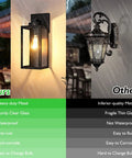 Comparison of all weather outdoor wall mount light fixture with glass shade and alternative during rain