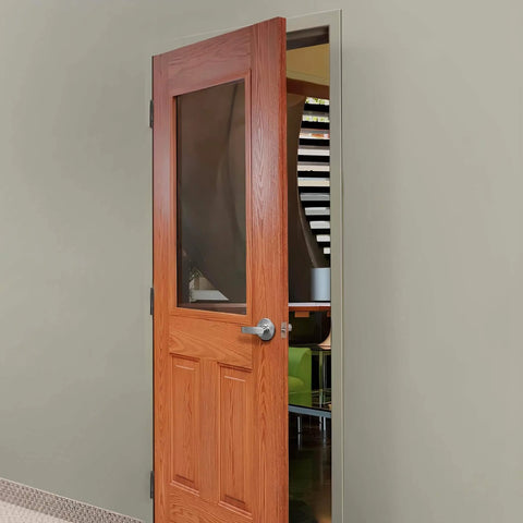 Wooden door partially open installed with Adjustable Two Way 2D Steel Hinge For Doors And Windows With Removable Pin In Rustic Umber Finish