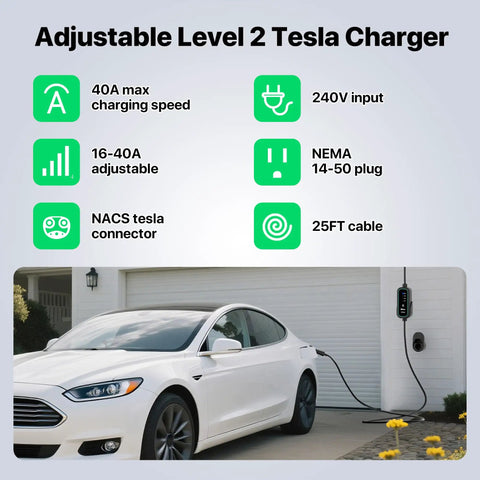 40A Level 2 EV Charger With J1772 Connector Portable Mobile Electric Vehicle Charger in use with car in driveway