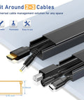 Cord Cover Raceway Kit 15.7 Inch Cable Concealer And Wire Hider showing fit for 2-3 cables, black PVC, 0.95x0.55 inch dimensions.
