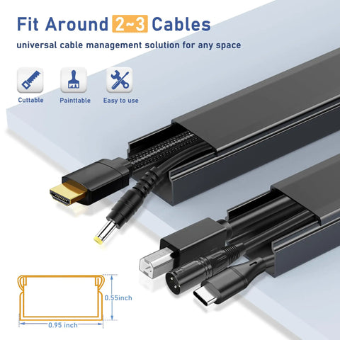 Cord Cover Raceway Kit 15.7 Inch Cable Concealer And Wire Hider showing fit for 2-3 cables, black PVC, 0.95x0.55 inch dimensions.