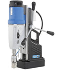 Heavy Duty Portable Magnetic Drill Press With Four Gear Speeds And Hardcore Drilling Power For No Sweat Job Site Work Up To Three Inch Holes And Ten Inch Stroke On Steel Plates side view with drill bit and sturdy base.