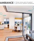 Modern living room with adjustable LED lighting showing 2700K to 4000K color temperatures, dining area visible through large windows