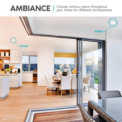 Interior showing lighting effect of 5 And 6 Inch LED Square Recessed Light Kit, Dimmable, 2700K to 4000K color temperatures.