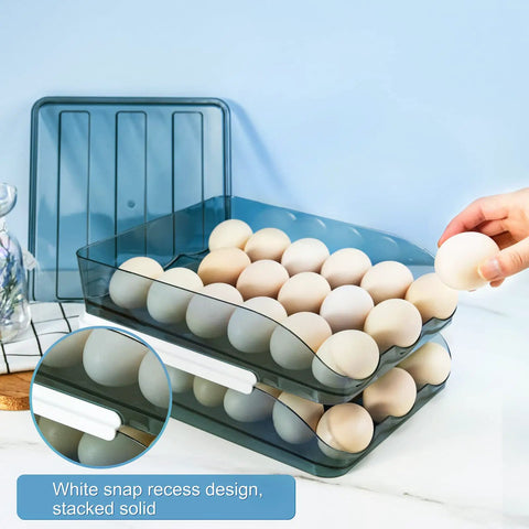 2 Layer Stackable Blue Egg Storage Box With Lid For Refrigerator Large Capacity 36 Count Egg Organizer In Clear Plastic