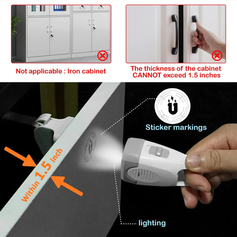 Hidden Magnetic Cabinet Locks Set With Ten Locks And Two Keys For Baby Proofing Cabinets And Drawers Featuring Invisible Design Built In Lighting Function And No Tools Required For Quick Easy Installation Fits Most Cabinet Doors And Drawers - hand using lighted key fitting on cabinet within 1.5 inch thickness