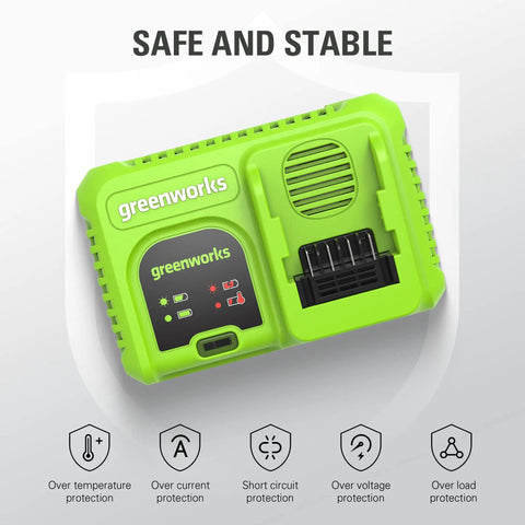 Greenworks 40V 5A Rapid Charger with Diagnostic LED, shown with protective features, wall mountable or benchtop 40V lithium battery charger