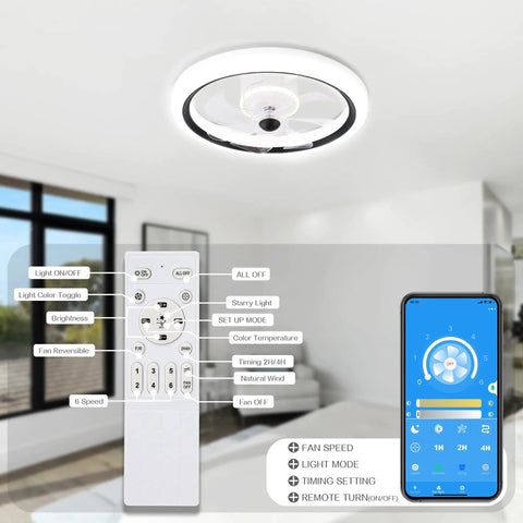 Low Profile 20 Inch LED Ceiling Fan With Light, Smart Dimmable Flush Mount Indoor Fan for Bedroom and Kitchen, app remote control.