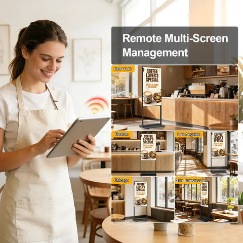 Crisp 55 Inch 4K Floor Standing Digital Signage Screen With Smooth Rolling Casters And Bright High Resolution Display in cafe settings.