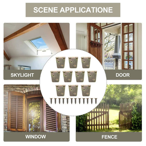 Ten Pack 56x20mm Wood Case Hinges for doors, windows, and skylights with screws, shown in use on various applications.