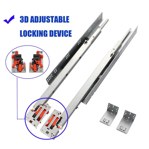 Six Pairs Of Fifteen Inch Soft Close Undermount Drawer Slides Full Extension Concealed Rails With Mounting Screws Brackets And 3D Locking Device For One Half Inch Or Five Eighth Inch Drawer Boxes 85 Lb Load Capacity with 3D adjustable locking device