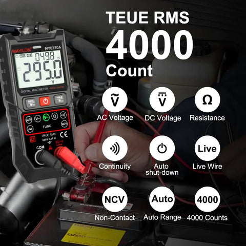 DIY Ready Pro Grade TRMS Multimeter With 4000 Counts 600V DC AC Testing, showing display and features during use in auto diagnostic.