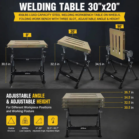 Heavy Duty Welding Table 36x18 Inch Portable Workbench On Wheels With Braking Lockable Casters, adjustable angles and heights displayed