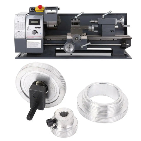 Heavy Duty Mini Lathe Belt Pulley In Aluminum Alloy With Easy Install, shown with lathe and 3-pulley set