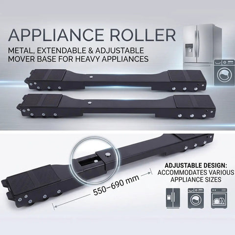 Ultimate Heavy Duty Appliance Roller With Extendable Frame For Moving Washing Machines Refrigerators Furniture And Appliances Effortlessly Slide Gear Shelves On Smooth Sliding Sliders For Home Renovation Projects adjustable metal base with dimensions 550-690 mm.