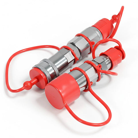 Two red and silver 1/2-inch flat-face hydraulic quick-connect couplers with dust caps and red lanyards.