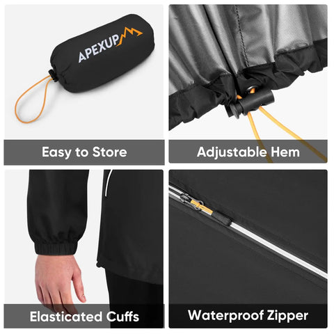 Close-up features of Packable Mens Rain Jacket With Reflective Zipper Ultralight Waterproof Windbreaker Hooded Raincoat