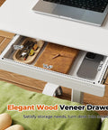 Adjustable Height Rolling Desk With Drawer Swivel Casters Mobile Standing Workstation drawer showing storage items and dimensions