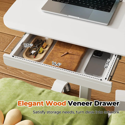 Adjustable Height Rolling Desk With Drawer Swivel Casters Mobile Standing Workstation drawer showing storage items and dimensions