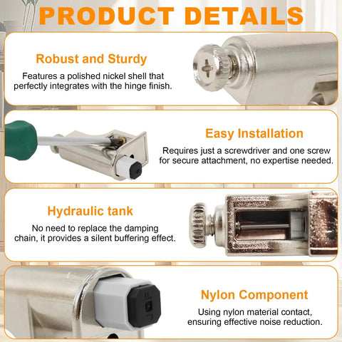 Close-up of Twenty Five Pack Soft Close Cabinet Door Dampers Featuring Adjustable Slow Close Buffer Mechanism Solid ABS Construction Polished Nickel Finish.