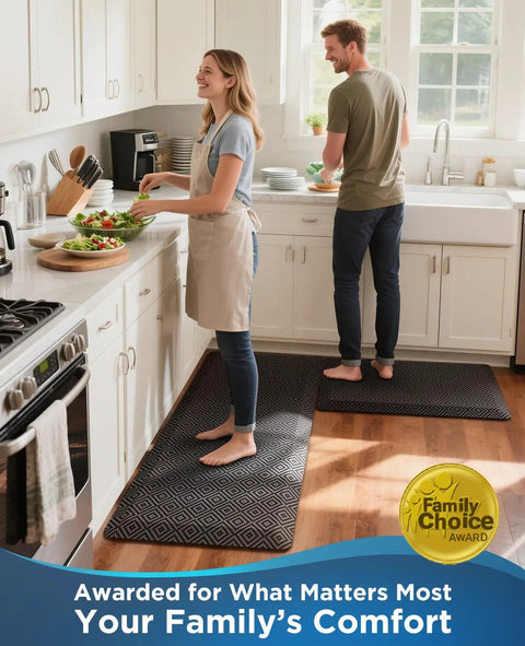 Two people standing in a kitchen on Ultra Thick Anti Fatigue Floor Mat For Kitchen And Office Three Quarters Inch Cushioned 20 By 39 Inch Rug