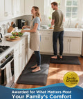 Couple using Anti Fatigue Kitchen Mat 0.75 Inch Thick Cushioned Floor Mat 17x24 in kitchen, standing comfortably by counters.