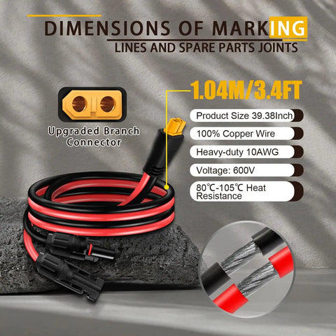 Beefy 10AWG MC4 To XT60 Solar Panel Cable Adapter for Portable Power Stations and RV Generators showing dimensions and features.