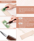 Instructions for using leather strop and polishing wax in Beginner Friendly Wood Carving Kit Dope 10 Piece Set With 4 Carving Knives And 6 Chisels Wood Whittling Starter Kit For DIY Hobby Projects Includes Leather Strop And Polishing Wax.