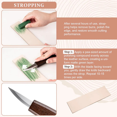 Instructions for using leather strop and polishing wax in Beginner Friendly Wood Carving Kit Dope 10 Piece Set With 4 Carving Knives And 6 Chisels Wood Whittling Starter Kit For DIY Hobby Projects Includes Leather Strop And Polishing Wax.