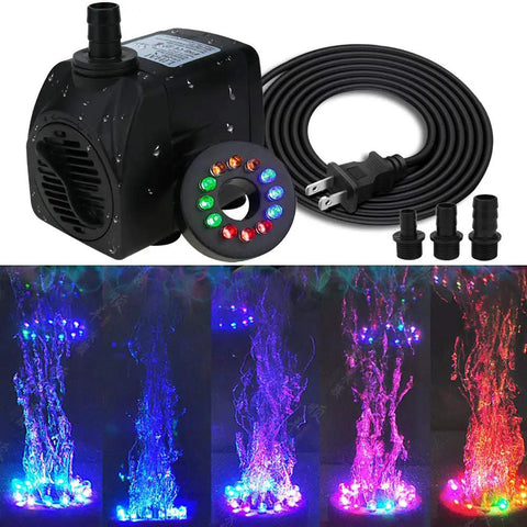 Submersible Fountain Pump With 400 GPH 1800 LPH, Ultra Quiet 25W, 12 LED Colorful Lights, 3 Nozzles, 6 Foot Cord for Fish Tanks